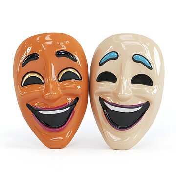 Two comedy and tragedy masks with exaggerated happy expressions face paint performance expression laughing characters background lighting entertainment celebration cheerful contrast