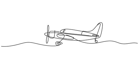 Continuous single line drawing of a small airplane propeller plane flying in the sky minimalist artistic style design Vector, illustration © Alo 2026 Arts