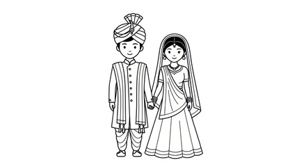 Obraz premium Indian Wedding Couple Illustration - Bride and Groom Holding Hands