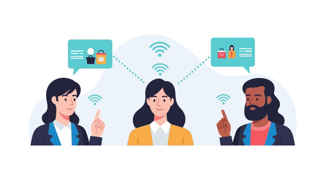 Flat illustration of diverse people communicating through wireless internet technology. EPS Editable. Vector Illustrations.