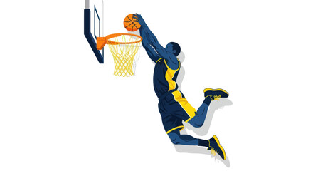 Athletic basketball player performing a slam dunk over a white background © Keset