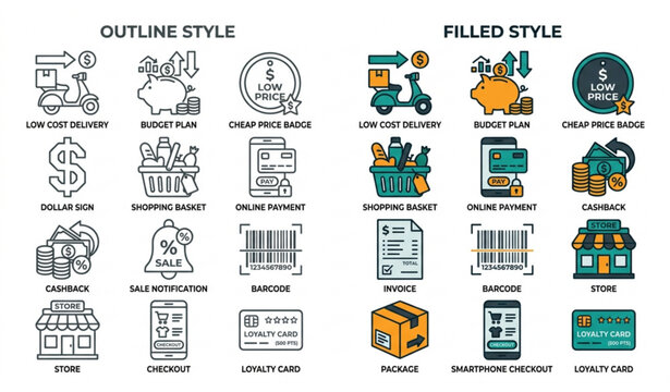 Affordable pricing and ecommerce outline fill icons vector collection for web UI mobile apps and business design