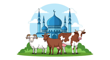 Naklejka premium Eid al-Adha vector illustration featuring a sheep, a goat, and a cow standing on a green field in front of a blue mosque with minarets and a crescent moon under a blue sky with clouds.