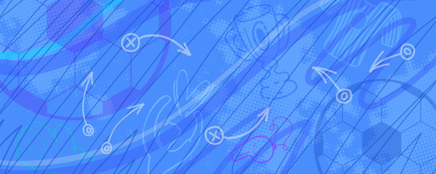 Soccer tactical background banner vector. Blue football strategy playbook backdrop with hand-drawn white game plan arrows, Xs and Os, halftone ball graphics, and abstract scribble line art 2026