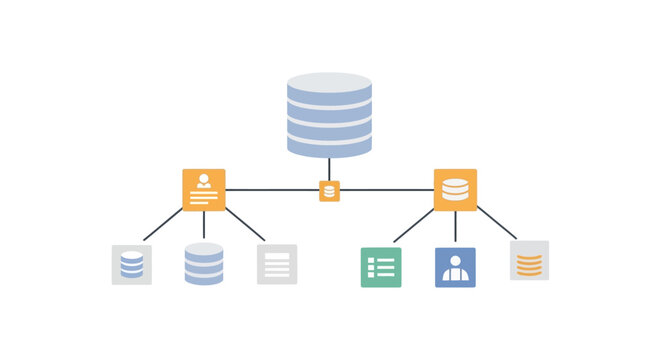 Hierarchical data architecture diagram illustrating database structure and information management system. EPS Editable. Vector Illustrations.