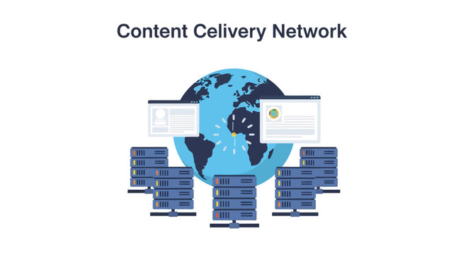 Illustration of a global content delivery network infrastructure with server racks. EPS Editable. Vector Illustrations.