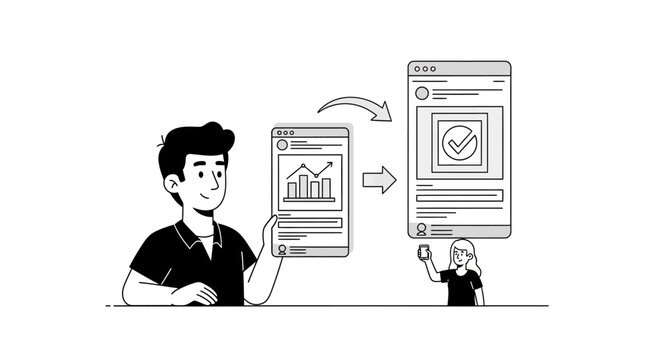 Illustration of a man and woman managing digital social media analytics and post approvals. EPS Editable. Vector Illustrations.