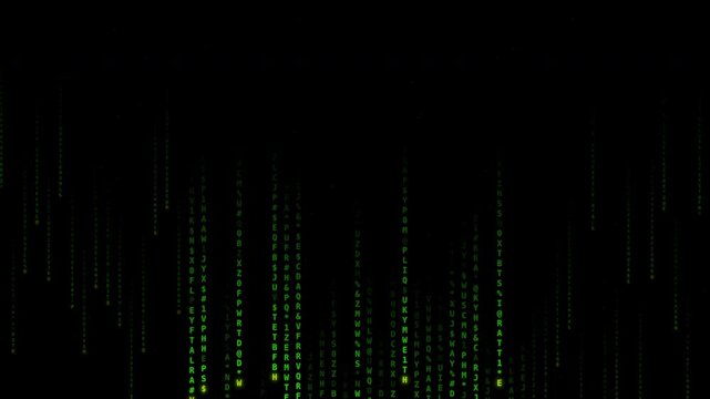 Digital rain cascading in green, resembling a matrix-like code, flowing vertically against a black background