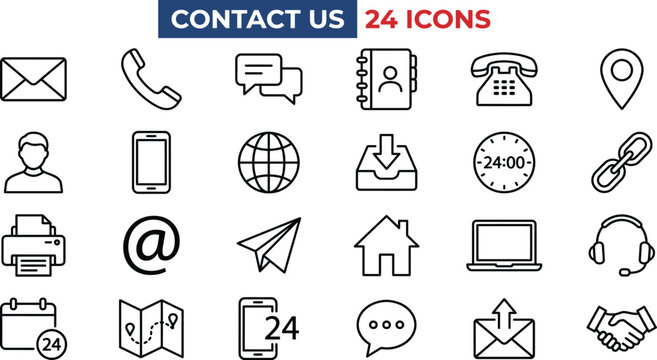 Set of twenty four black outline contact us featuring communication symbols including email telephone smartphone globe map pin printer laptop headset calendar and handshake on white background