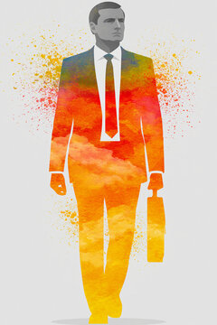 Abstract watercolor silhouette of a businessman with cloud computing and data innovation concept