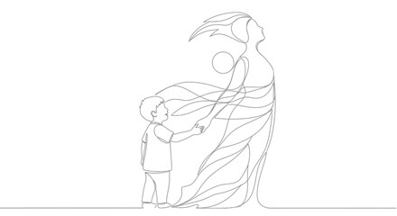 Obraz premium Mother and Child Line Art: Abstract Silhouette with Flowing Hair and Orb