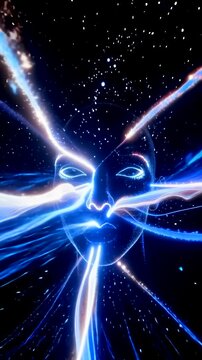 Human face forming from flowing light streams, abstract portrait with glowing particles assembling and dissolving features, futuristic concept of identity creation, artificial intelligence