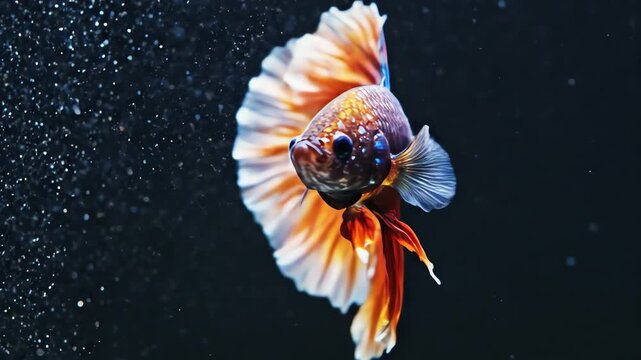 Vibrant Betta fish with stunning orange and white flowing fins, gracefully swimming in dark water, showcasing its intricate scale patterns and elegant aquatic beauty