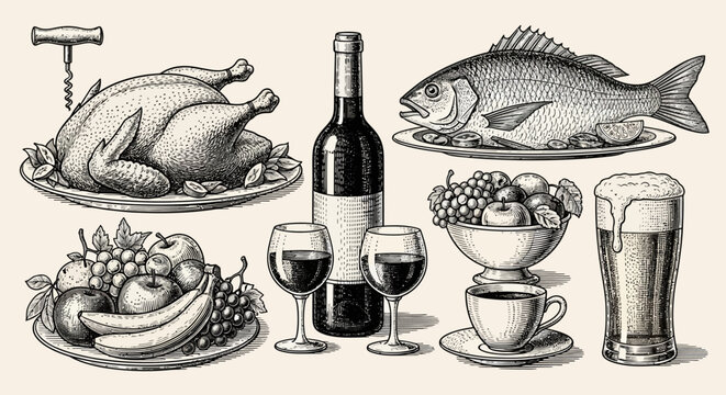 Vintage hand drawn food and wine sketch collection.