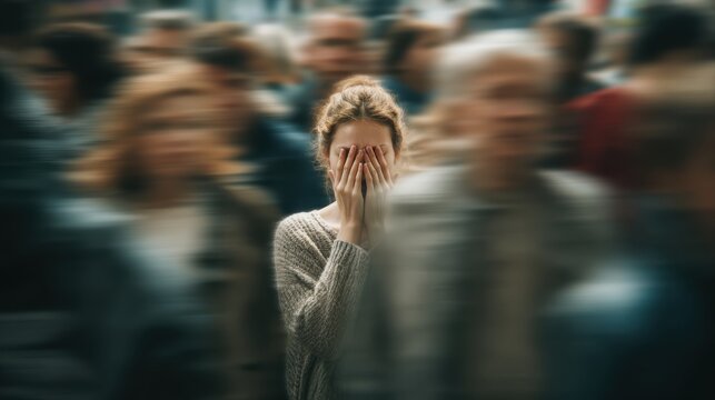 Social anxiety, above and blur with woman and people for panic attack, loneliness and fear. Mental health, depression and trauma with portrait of person in crowd for scared, ptsd psychology and sad