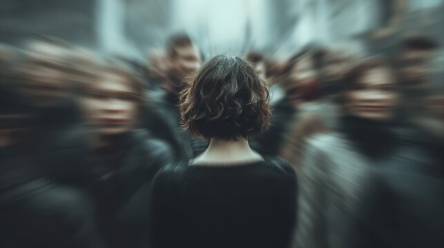Social anxiety, above and blur with woman and people for panic attack, loneliness and fear. Mental health, depression and trauma with portrait of person in crowd for scared, ptsd psychology and sad