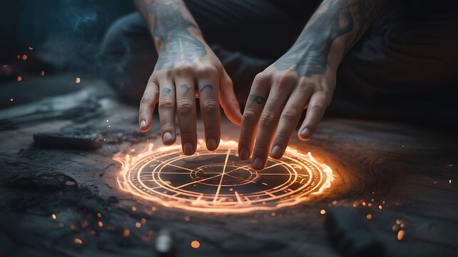 Mystical glowing magic circle with hands performing fantasy ritual in dark atmosphere
