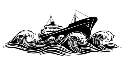 Vintage Cargo Ship Navigating Rough Seas with Crashing Waves, Nautical Adventure © Pemancing