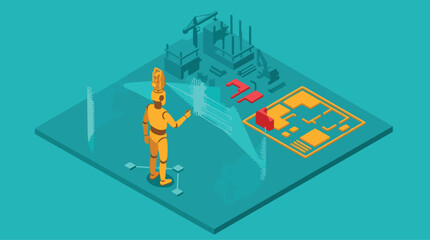 Naklejka premium Isometric Flat Design Illustration of a Humanoid Robot Interacting with Holographic Ui and Industrial Elements
