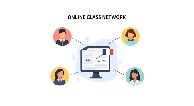 Online class network illustration showing students connected to a central computer monitor for remote learning. EPS Editable. Vector Illustrations.