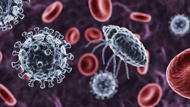 Microscopic view of viruses and red blood cells in the bloodstream.
