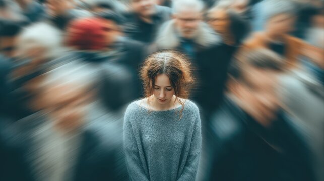 Social anxiety, above and blur with woman and people for panic attack, loneliness and fear. Mental health, depression and trauma with portrait of person in crowd for scared, ptsd psychology and sad