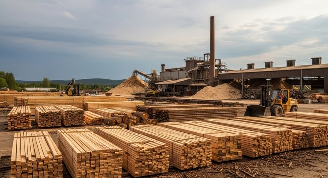 a large lumber yard with stacks of wood and a factory in the background under a cloudy sky with a ye