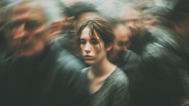 Social anxiety, above and blur with woman and people for panic attack, loneliness and fear. Mental health, depression and trauma with portrait of person in crowd for scared, ptsd psychology and sad