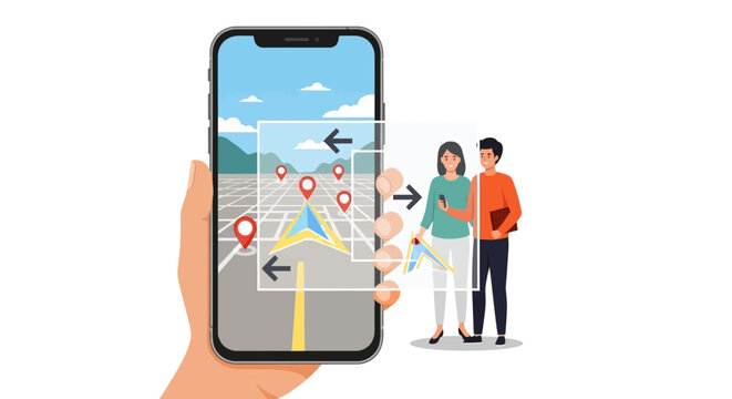Person holding a smartphone displaying navigation map and augmented reality interface with a couple standing nearby. EPS Editable. Vector Illustrations.