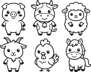 Fototapeta premium Cute farm animal set, featuring pig, cow, sheep, goat, chicken, and horse outline illustration.