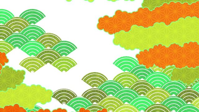 Traditional Japanese Pattern Animation with Green and Orange Clouds