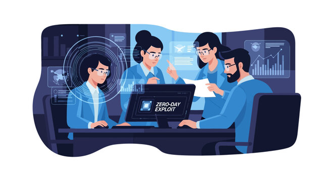 Professional cyber security team working on zero day exploit detection. EPS Editable. Vector Illustrations.