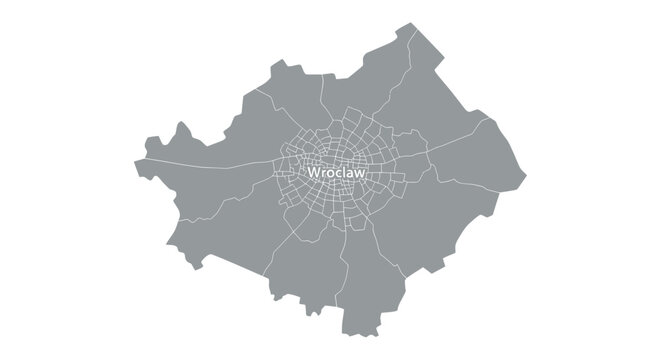 Wroclaw City Map Outline, Administrative Districts, Poland