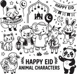 Fototapeta premium Happy eid animal characters collection with mosque and lantern design.