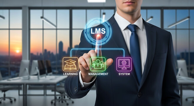 Businessman pointing at LMS learning management system virtual interface in office