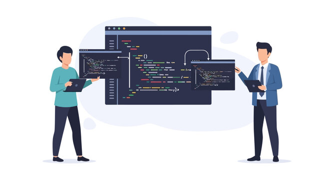 Professional software developers working on coding and programming projects together. EPS Editable. Vector Illustrations.