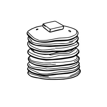 Abstract line art illustration of a stack of fluffy pancakes with a butter pat, breakfast minimalist art, black ink on white background. set with simple line art design featuring sketches, drawings...