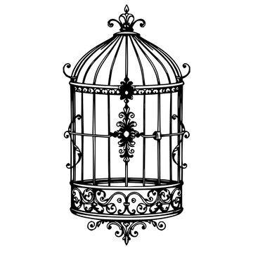 Birdcage set with ornate Victorian line art illustration featuring decorative latch, flourishes, black ink and white background with vintage design