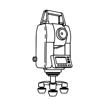 Total station set with geometric vector icon and consistent stroke width featuring surveying, engineering, instrumentation with white background and minimalistic design