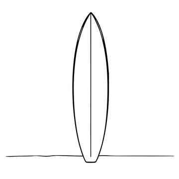 Minimalist illustration of a classic surfboard leaning on a wall, beach lifestyle, clean flat design, white background. set with simple line art design featuring simple design, minimalist, black an...