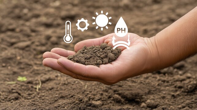 Hand holding fertile soil with environmental icons representing sustainable agriculture and growth