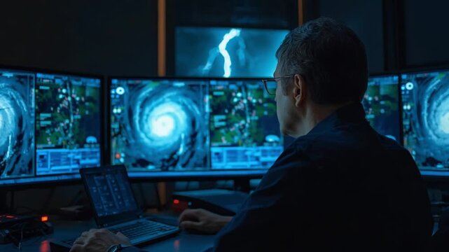Severe Thunderstorm Watch Forecaster Analyzing Hurricane Data 3D Animation