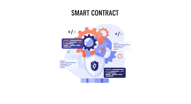 Smart Contract Concept Illustration with Security Shield and Code Elements. EPS Editable. Vector Illustrations.