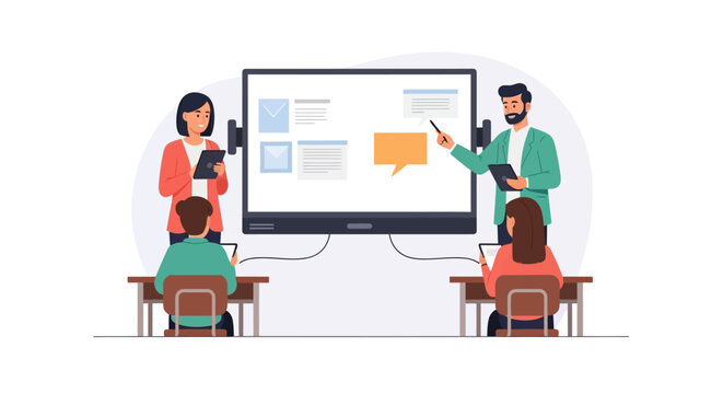 Teachers instructing students in a modern classroom setting. EPS Editable. Vector Illustrations.
