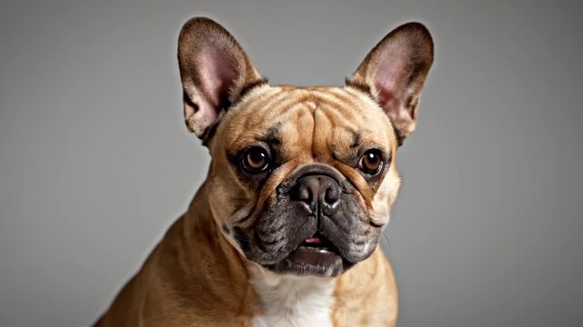 Studio portrait of a fawn French bulldog on gray background
