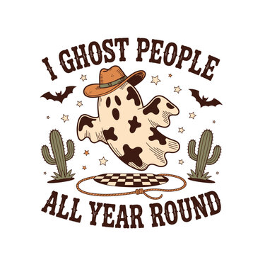 A funny cartoon ghost wearing a cowboy hat with bats and cactuses for Halloween
