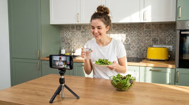 A young woman recording a video blog about healthy eating, holding a plate of fresh green salad and talking to the camera in a modern kitchen with a bowl of greens on the table, lifestyle vl