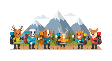 Naklejka premium Cartoon Animals Hiking Through Mountains