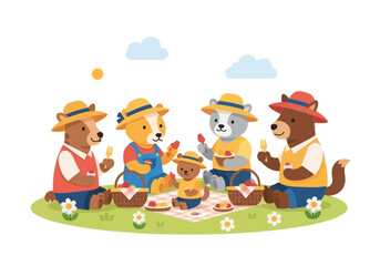 Fototapeta premium Cartoon animal family enjoying picnic in the park. Cute vector illustration.