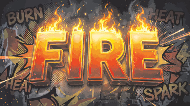A fiery, grunge-style illustration of the word "FIRE" with flames and comic-book text like "BURN", "HEAT", "SPARK" on a dark background.